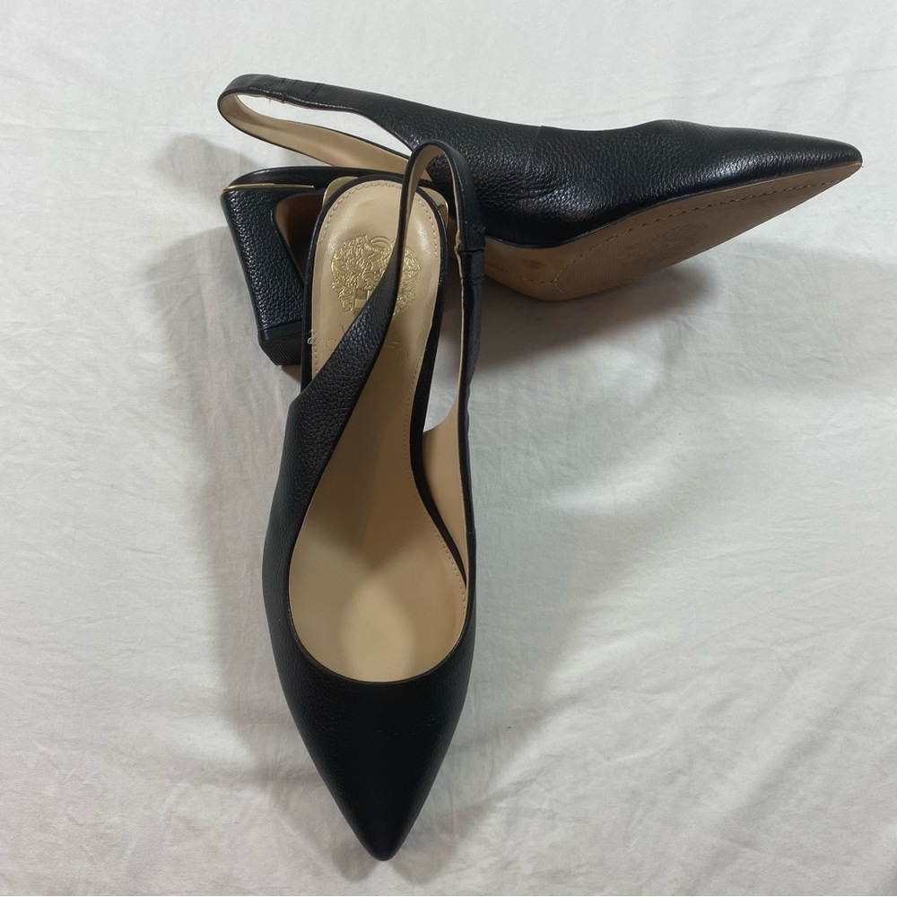 Vince CAMUTO Sling back Heels Women 9M Leather Black Gold Pointy Toe Square heel
